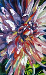 Sunlit dahlia painting, oil on canvas, contemporary floral artwork by Kateryna Struzhko