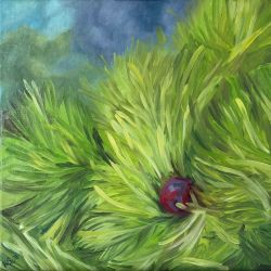 Green peony bud with fresh foliage, expressive oil painting by Dubai-based artist Kateryna Struzhko