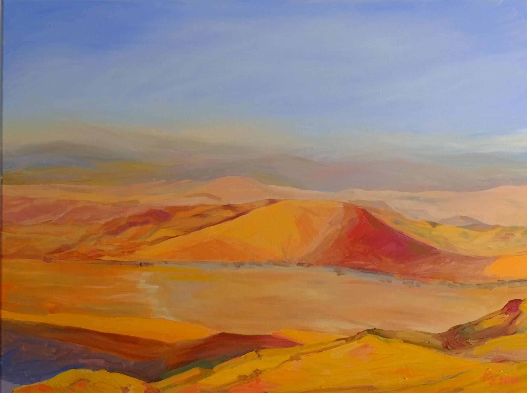 Infinity, oil painting of expansive desert landscape with endless dunes and atmospheric light, 60x80 cm, contemporary landscape art by Kateryna Struzhko