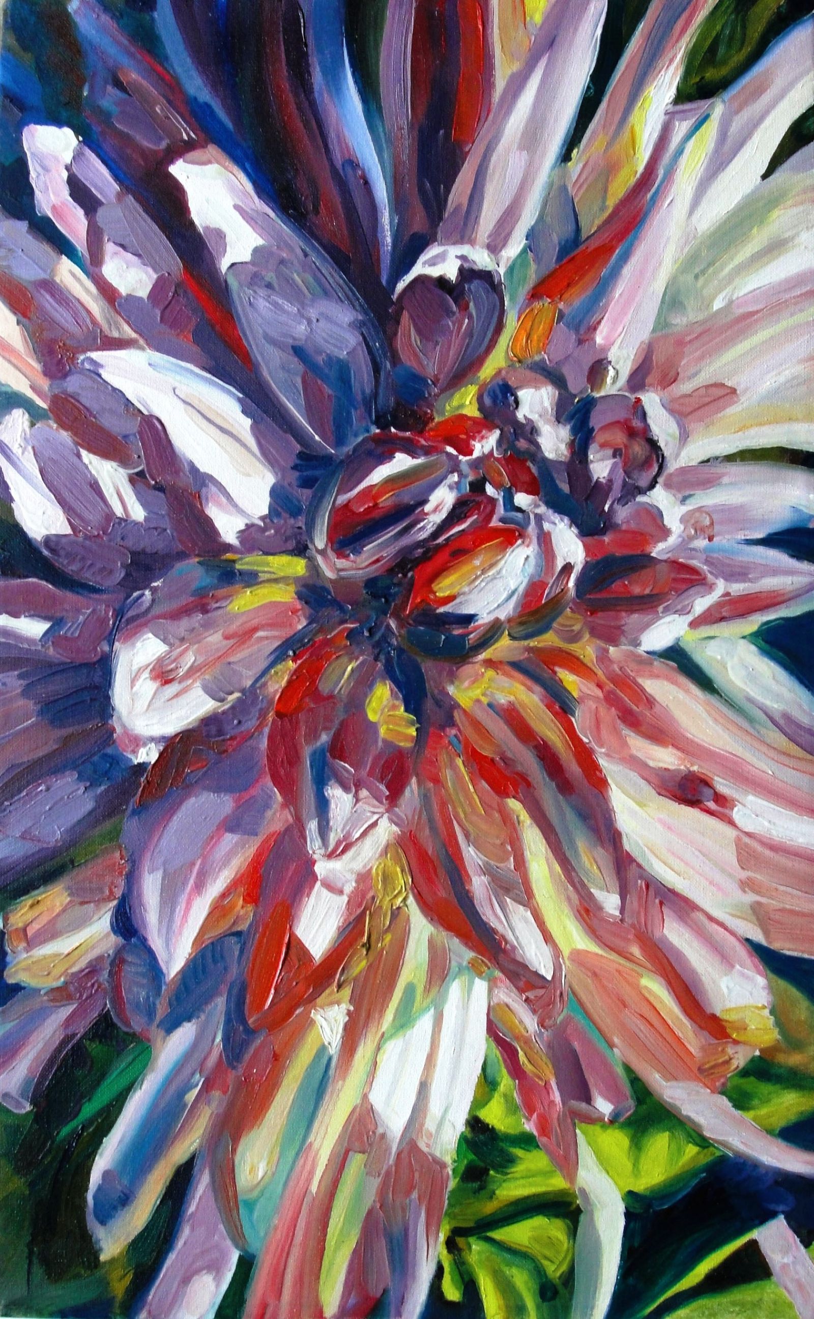 Sunlit Layers, oil painting of light purple dahlia flower in soft sunlight, layered petals, 20x30 cm, early contemporary floral study by Kateryna Struzhko