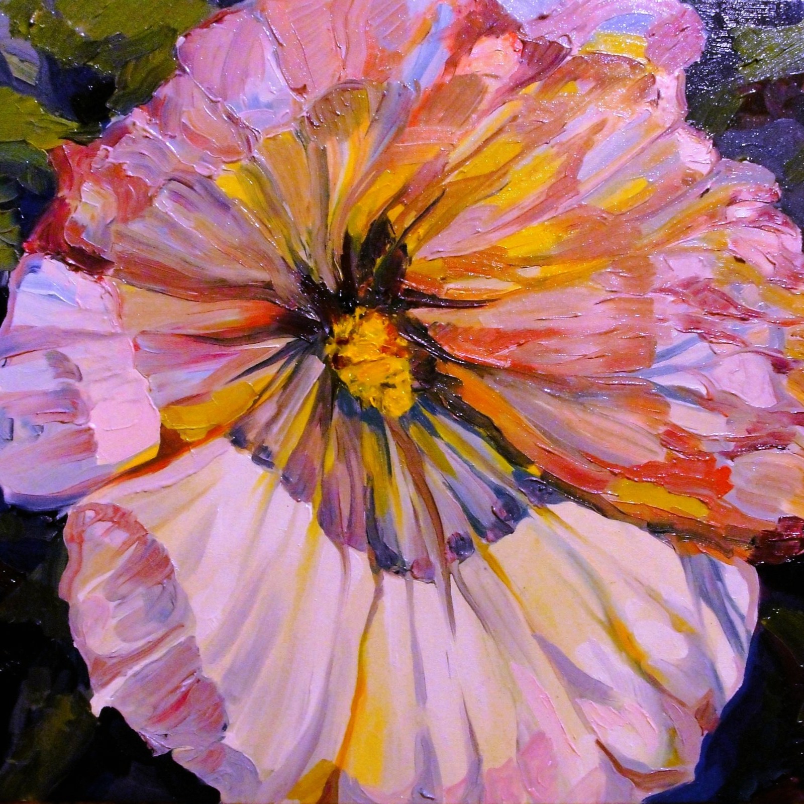 Light Through Mallow, oil painting of pink mallow flower with sunlight passing through petals, soft botanical composition, 30x30 cm, contemporary floral study by Kateryna Struzhko