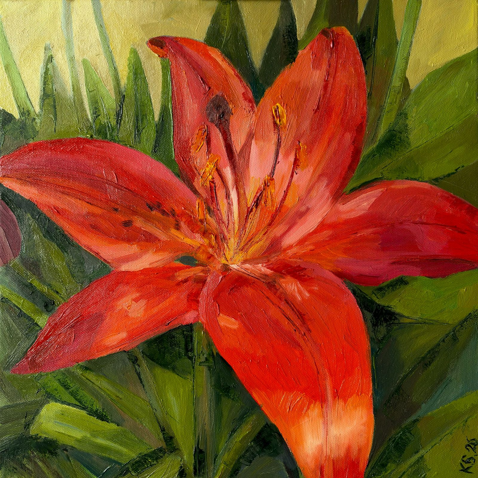 Passion Bloom, oil painting of a single flame red lily flower in dramatic light, 40x40 cm, contemporary floral artwork by Kateryna Struzhko