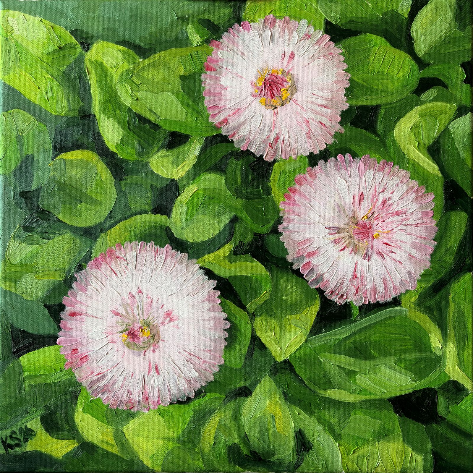 Quiet Bloom, oil painting of three small daisy flowers with curved green leaves, airy botanical composition, 40x40 cm, contemporary floral art by Kateryna Struzhko